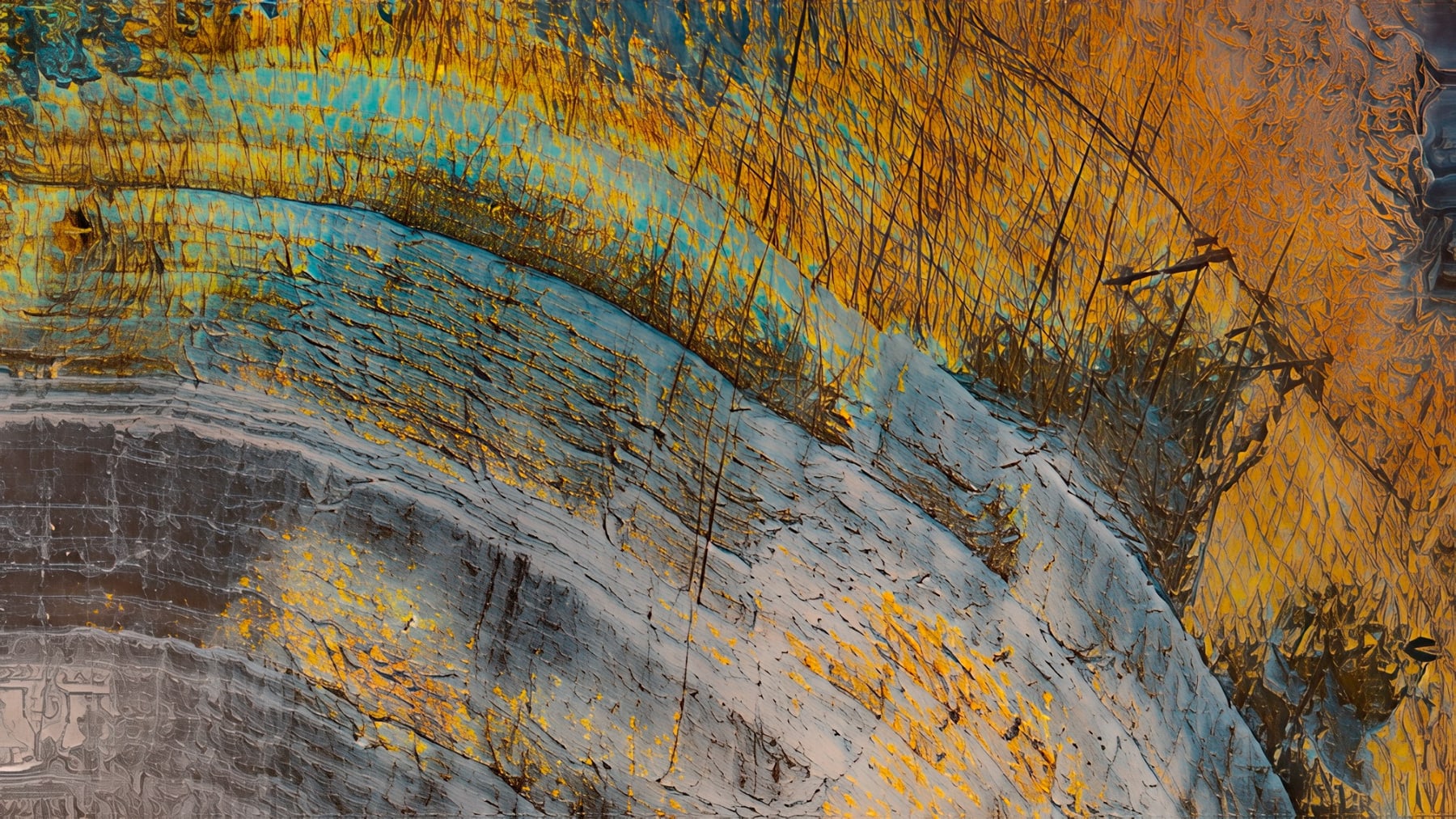 Abstract oyster-shell macro study in gold, gray, teal, and black